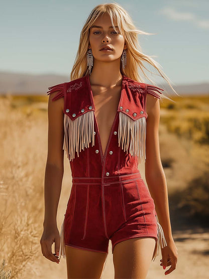 Expédition Rapide : Combinaison Rouge en Suède Style Cowboy avec Boutons Argentés et Franges Beiges