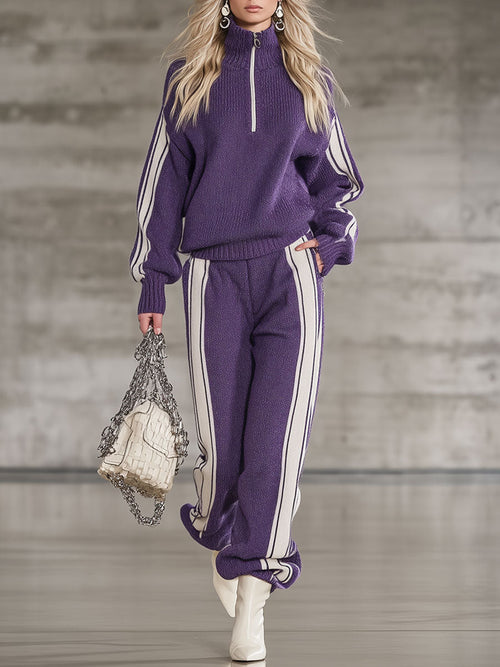 Ensemble Sportif Casual Violet avec Pull Tricoté à Demi-Zip et Pantalon