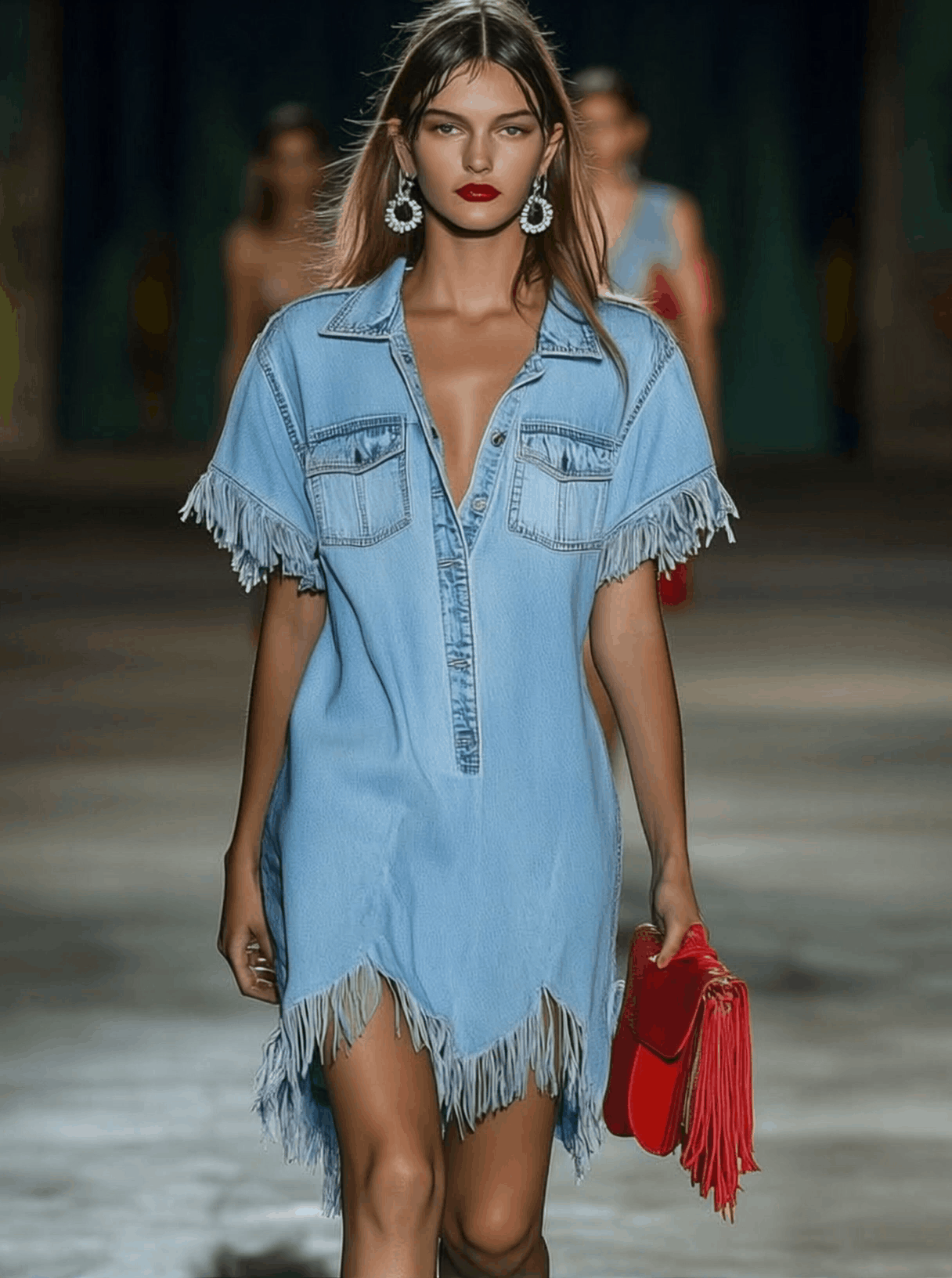 Chemise Décontractée en Denim Vintage à Manches Courtes avec Franges - Mini Robe, Expédition en 24 Heures