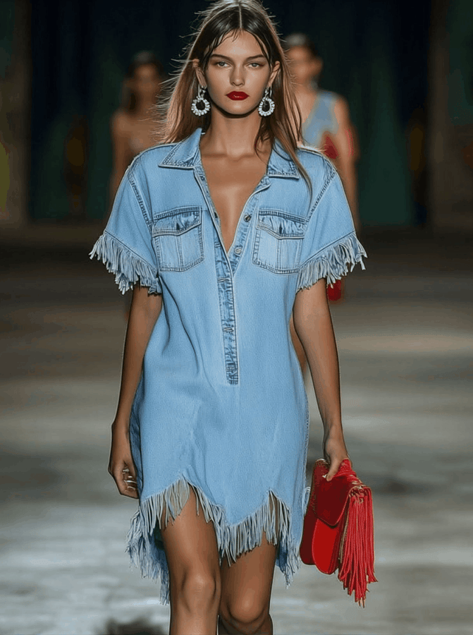 Chemise Décontractée en Denim Vintage à Manches Courtes - Robe Mini à Franges, Expédition 24h