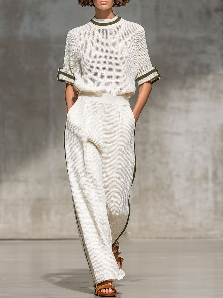Ensemble Vintage : Chemise Tricotée Blanche à Manches Courtes et Pantalon à Jambes Larges