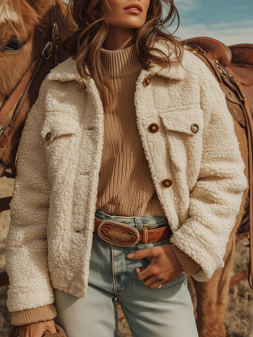 Veste courte en sherpa rétro avec col western