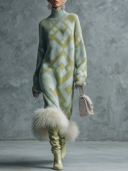Robe Maxi Verte en Tricot à Manches Longues avec Élégant Ourlet en Fourrure Synthétique