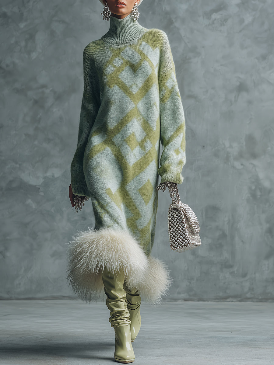 Robe Maxi Tricotée Verte Élégante à Manches Longues avec Ourlet en Fausse Fourrure Luxueuse