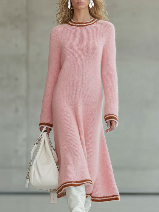 Robe Midi A-Line Tricotée Rose avec Détails Bruns Rétro