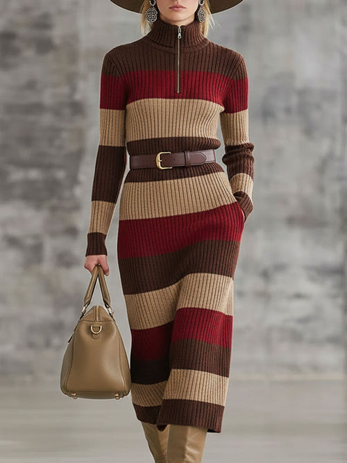 Robe Midi Tricotée à Rayures Rouge et Brun avec Demi-Zip Chic