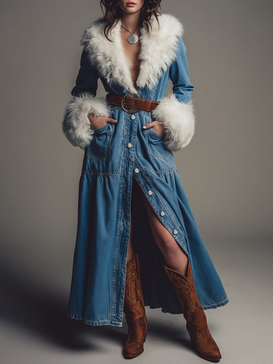 Maxi Robe en Jean Chic avec Col en Fourrure Synthétique Détachable - Style Western Élégant