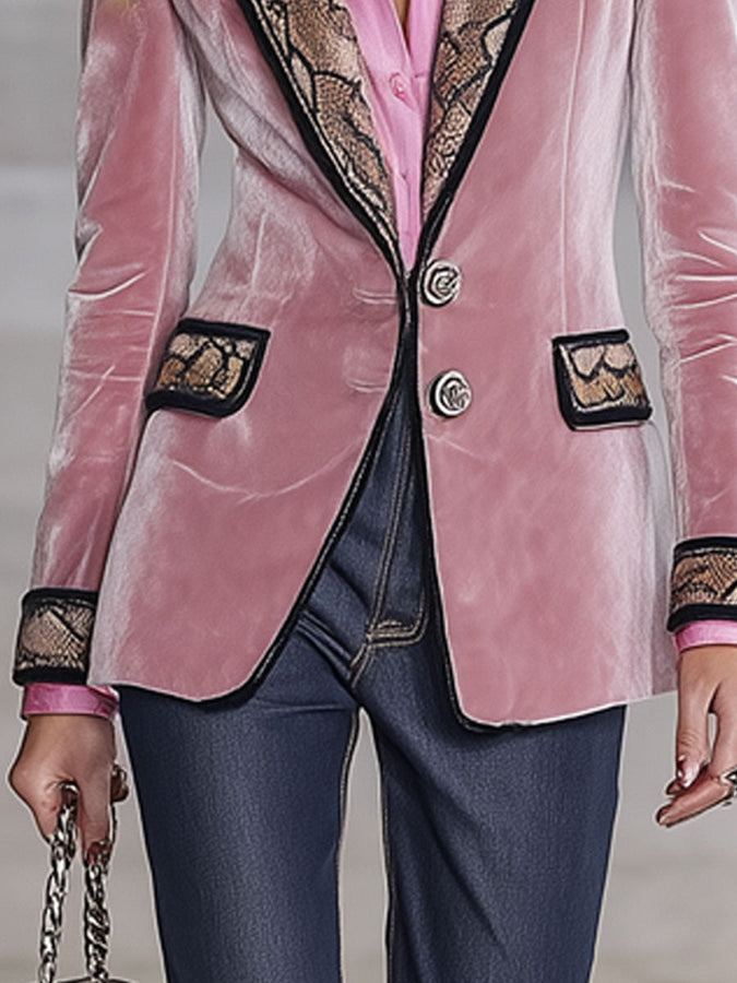 Veste en Velours Rose avec Imprimé Serpent au Style Western Rétro