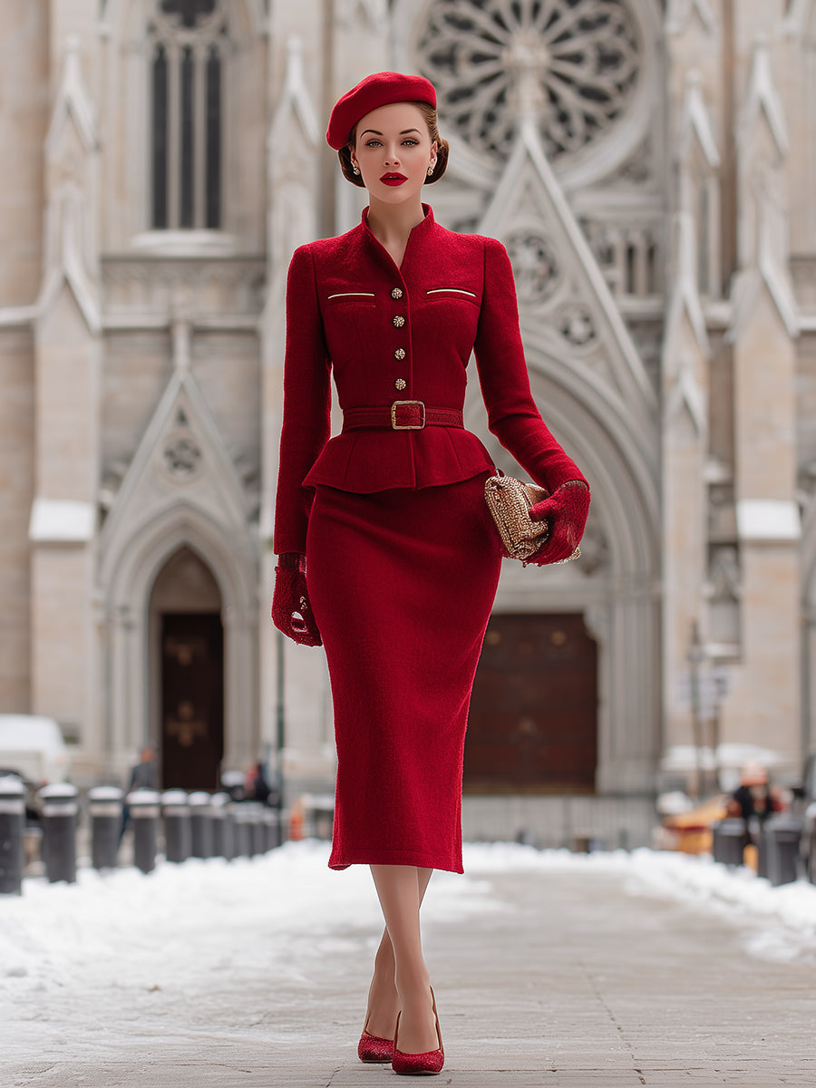 Ensemble Élégant en Tweed Rouge Vintage : Veste Boutonnée et Jupe Coordonnée