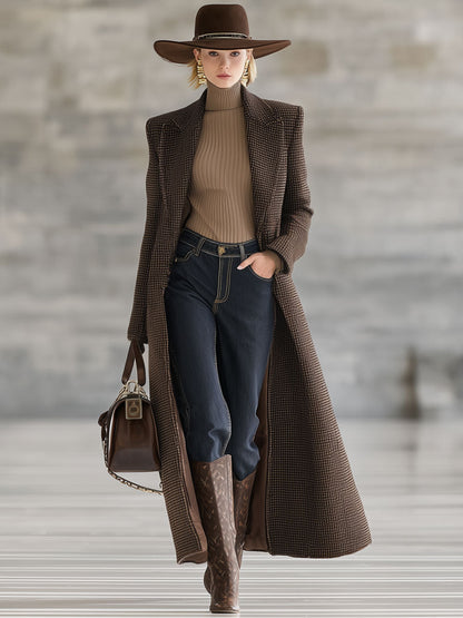 Long Houndstooth Brown Wool Coat - Retro Chic