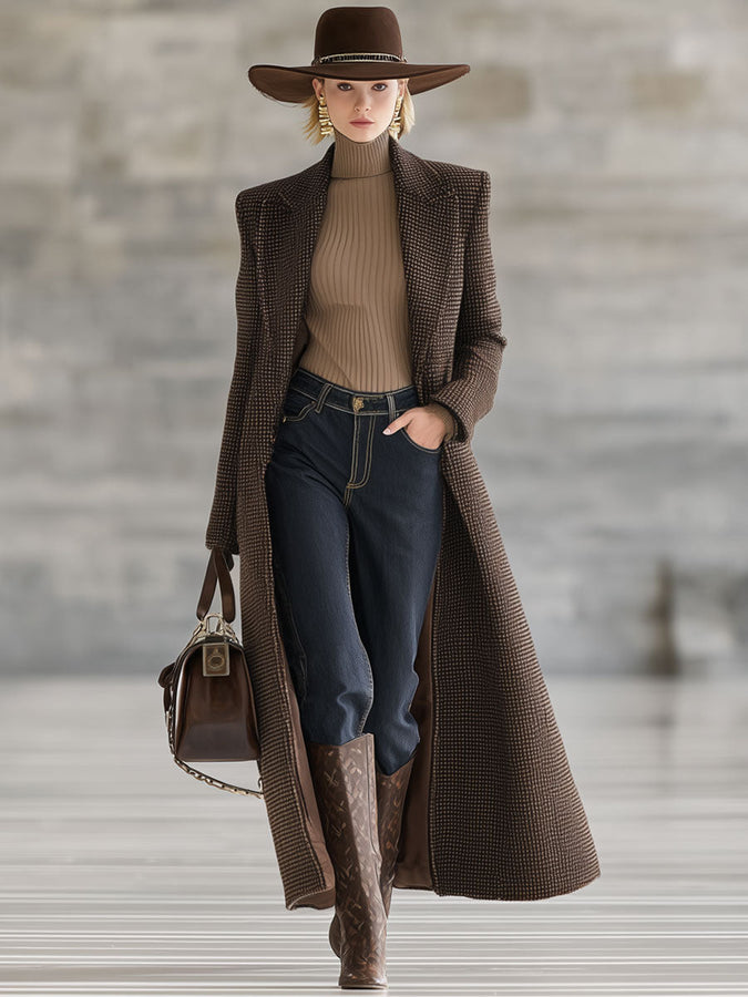 Long Houndstooth Brown Wool Coat - Retro Chic