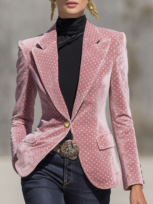 Élégant Blazer en Velours à Pois Blancs Rétro avec Un Bouton