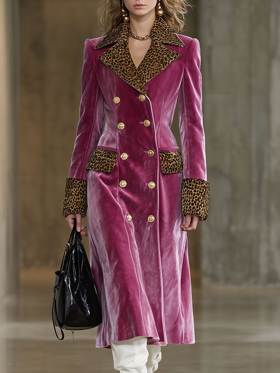 Long Velvet Coat in Vintage Brown Leopard Print with Rose Red Hue