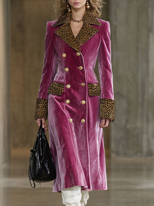 Long Velvet Coat in Vintage Brown Leopard Print with Rose Red Hue