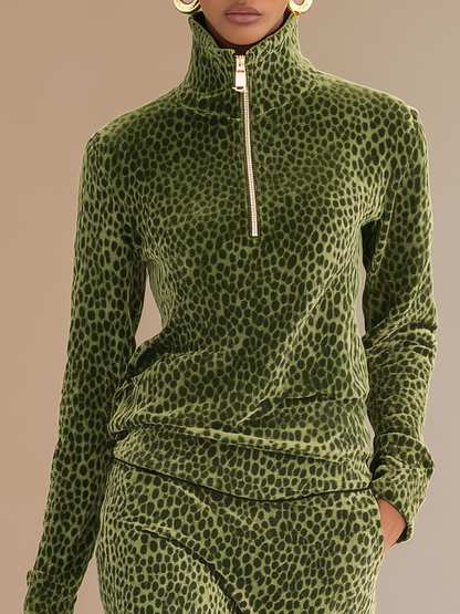 Ensemble Sportif en Velours à Col Montant Imprimé Léopard avec Jupe