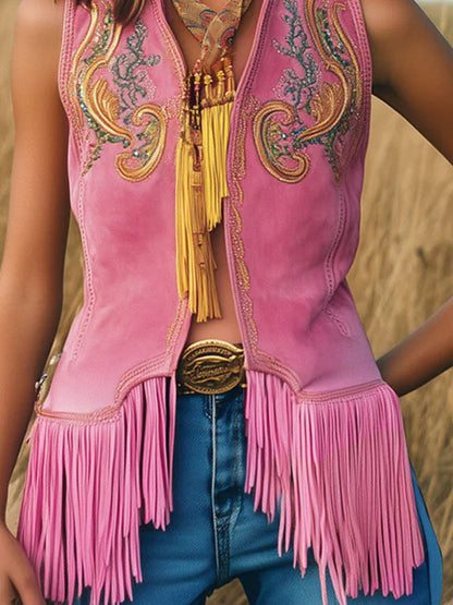 Veste en Suède Rose avec Broderie Dorée Vintage et Franges - Livraison en 24 Heures