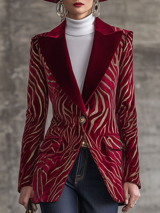 Veste en Velours Rouge à Motif Zebra Doré Rétro