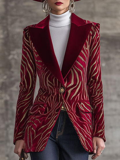 Veste Rétro en Velours Rouge avec Motif Zèbre Doré
