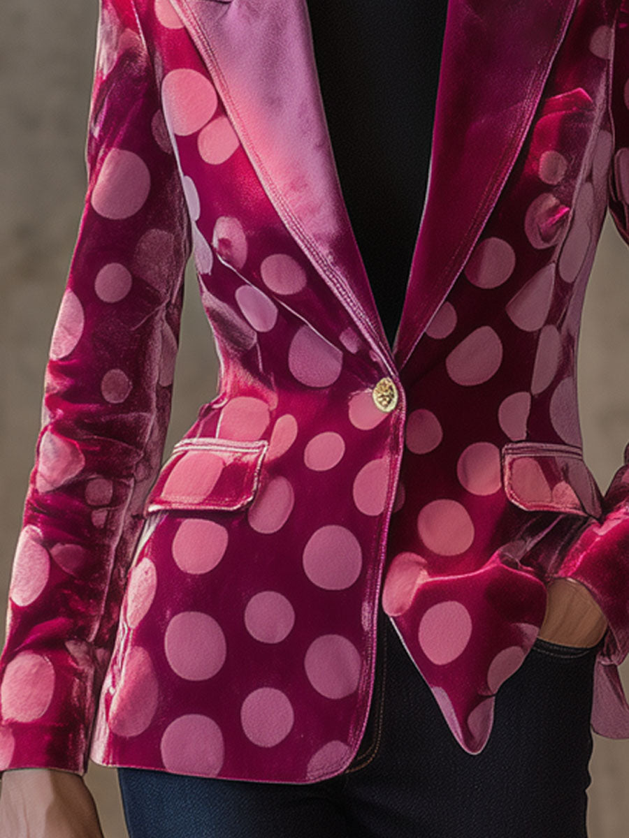 Élégant Blazer en Velours à Pois Rétro avec Bouton Unique