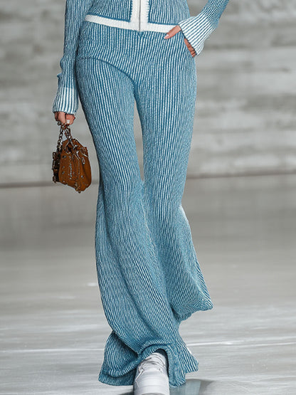 Ensemble Chic en Tricot : Haut à Manches Longues avec Col Zippé et Pantalons Évasés