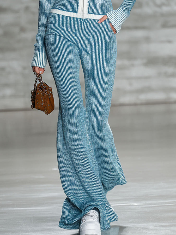 Ensemble Chic en Tricot : Haut Zippé à Manches Longues et Pantalon Évasé Contrasté