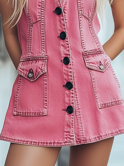 Robe Mini Sans Manches en Denim Rose avec Boutons - Expédition Rapide en 24 Heures!