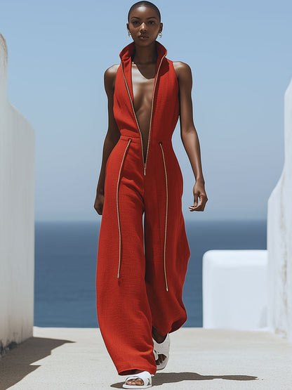 Combinaison Décontractée Rétro en Coton et Lin Rouge - Sans Manches, Fermeture Éclair, Taille Élastique et Jambes Larges - Expédition Rapide en 24 Heures!