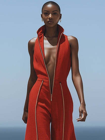 【Expédition Rapide en 24h】Combinaison Rétro Rouge en Coton et Lin - Sans Manches, Élastique à la Taille, Jambes Larges