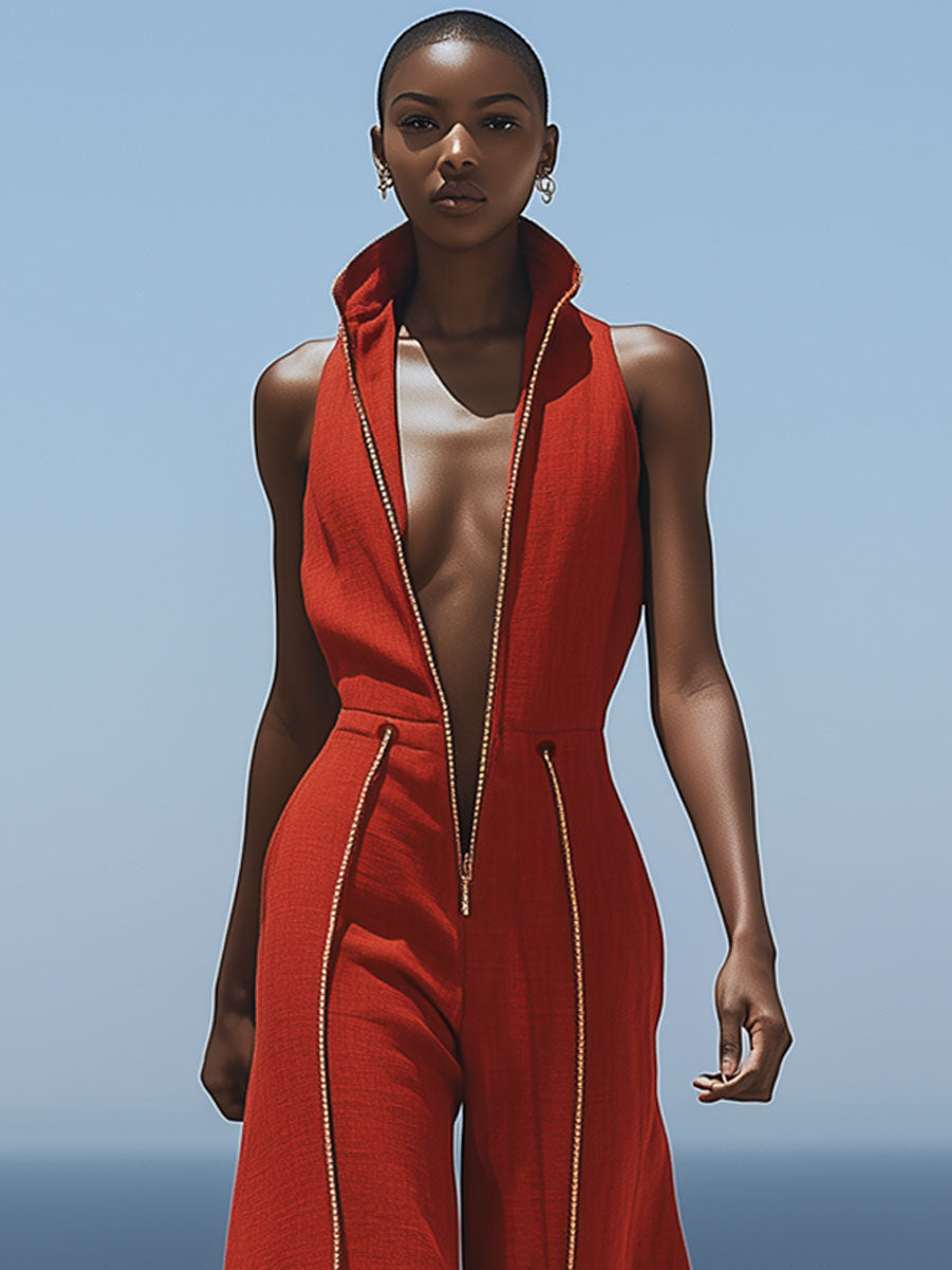 【Livraison en 24h】Salopette sans manches en coton et lin rouge rétro, décontractée avec zip et taille élastique à jambes larges