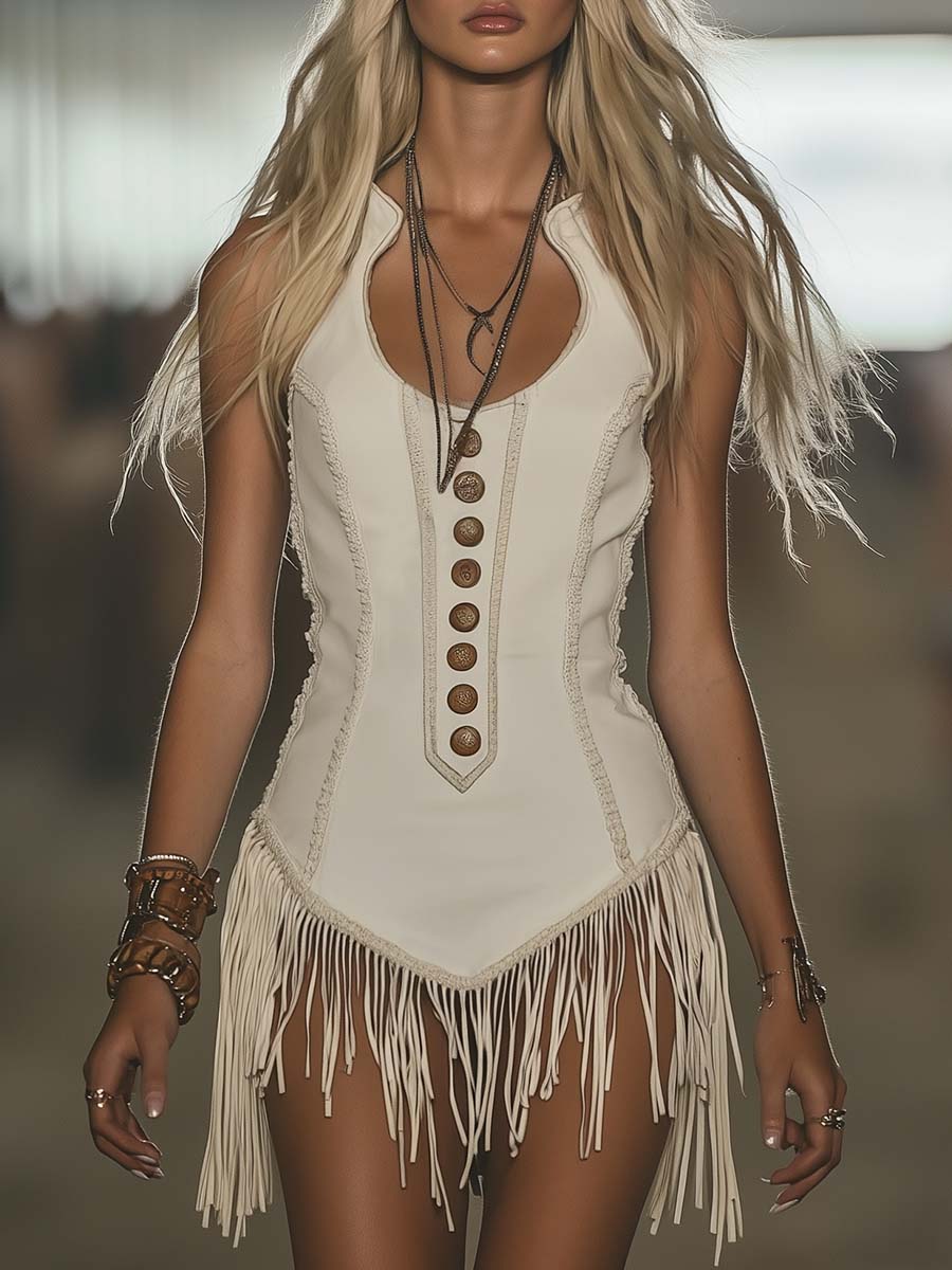 Robe Mini Blanche à Franges Élégante avec Col Ronde - Style Western, Expédition Rapide en 24 Heures