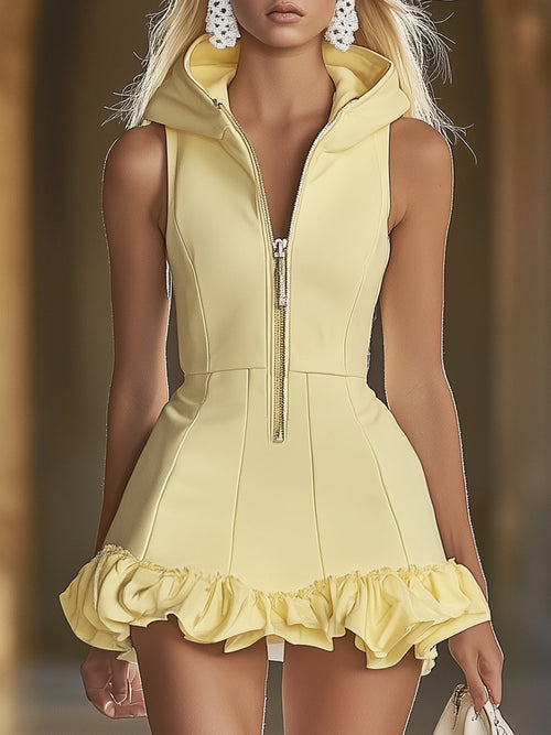 Robe Mini Sans Manches à Capuche - Zip Avant en Jaune Canard avec Volants | Expédition Rapide en 24 Heures