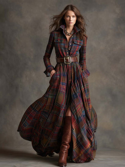 Robe Maxi Ethnique Rétro à Motifs Carreaux Marron et Rouge