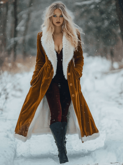 Long Vintage Velvet and Wool Coat with Pockets - Effortlessly Chic and Spacious