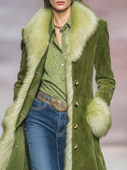 Veste Longue en Suédine Verte avec Éléments de Fourrure Vintage