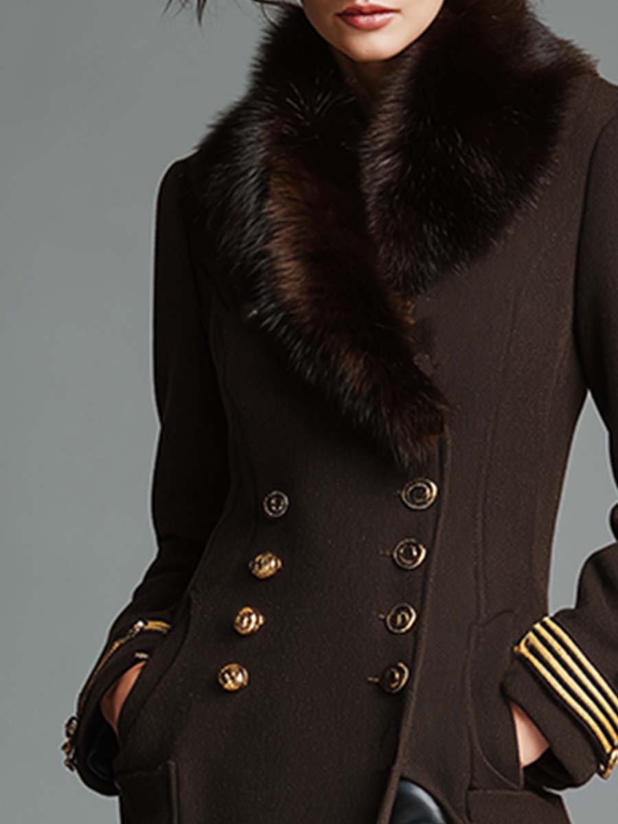 Chic Manteau Long Classique en Luxe avec Col en Fourrure Synthétique Détachable - Marron Café