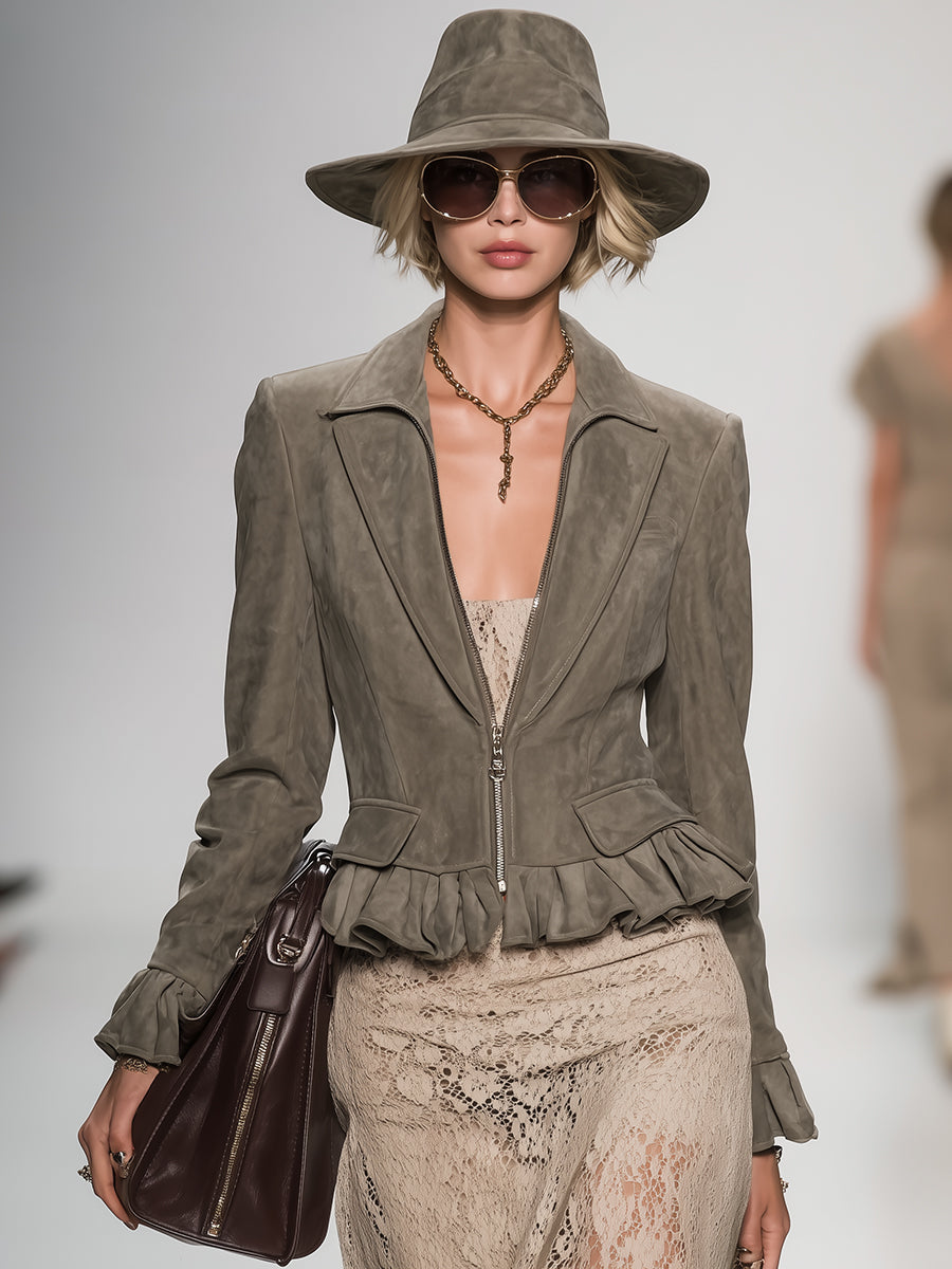 Veste grise zippée à col en revers et volants vintage chic