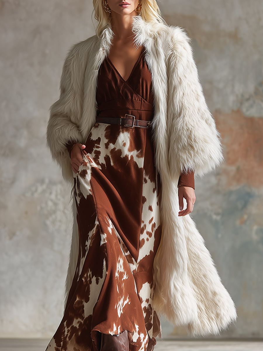 Veste Midi en Fausse Fourrure Blanche - Chic Rétro Western
