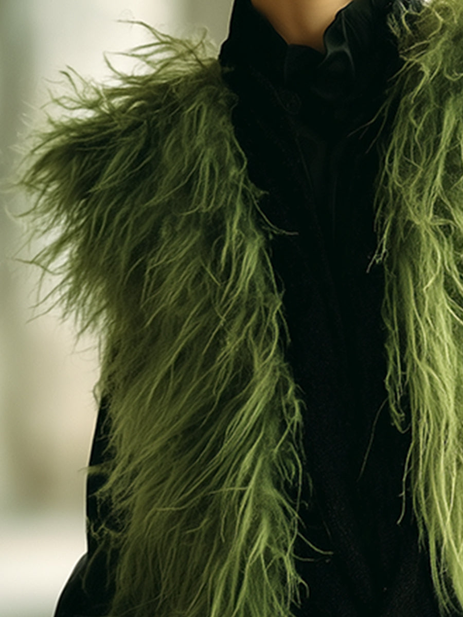 Élégant Gilet en Fausse Fourrure Vert Olive – Chic et Tendance