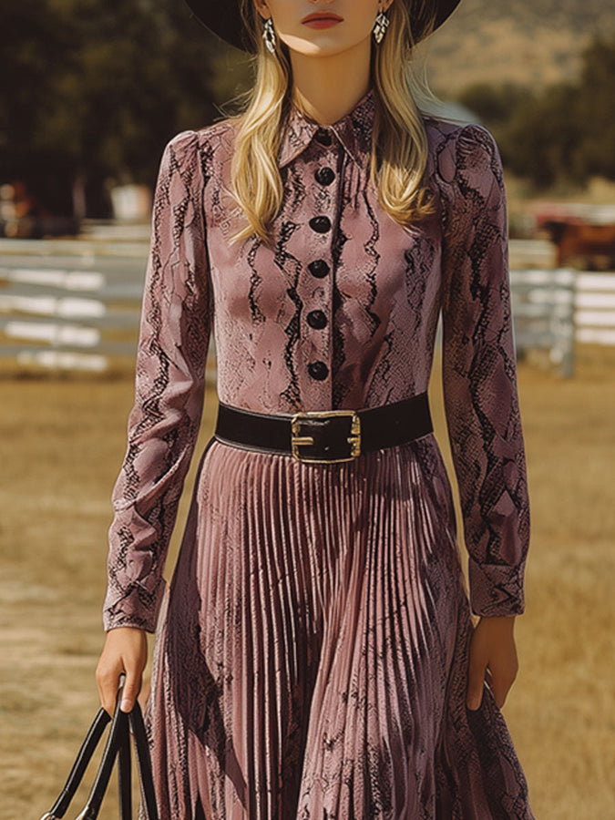 Robe Midi Plissée en Velours Violet à Imprimé Serpent - Style Rétro Nomade