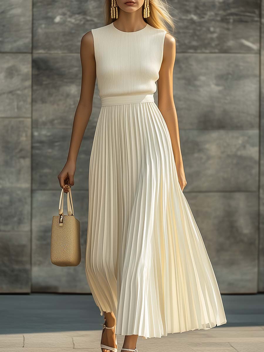 Robe Maxi Plissée en Chiffon Crème : Élégance Décontractée, Expédition Rapide sous 24h