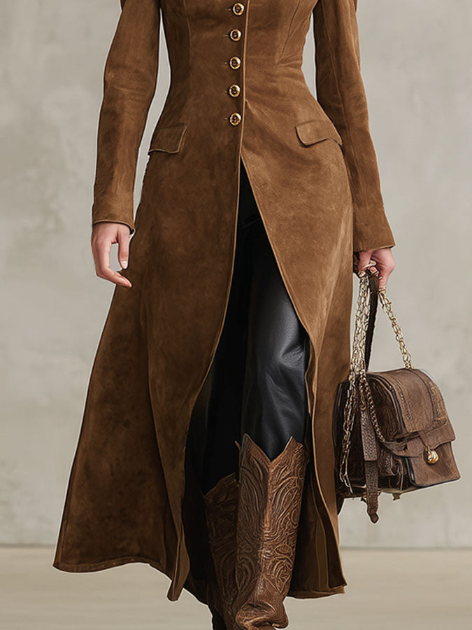 Veste Western en Faux Daim avec Revers et Boutonnage Simple