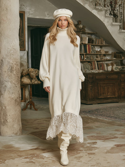 Robe Maxi Tricotée Blanche avec Col en Dentelle de Lotus : Élégance et Romance