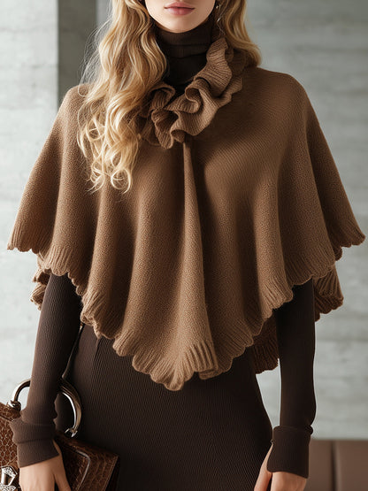 Cardigan Rétro à Volants avec Col Haut et Fente - Ensemble Robe Tricotée Longue à Manches Longues