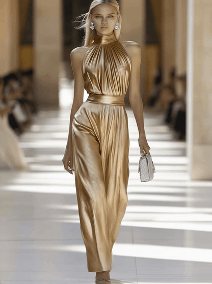 【Expédition en 24 heures】Combinaison sans manches chic avec col montant et élégants plis dorés