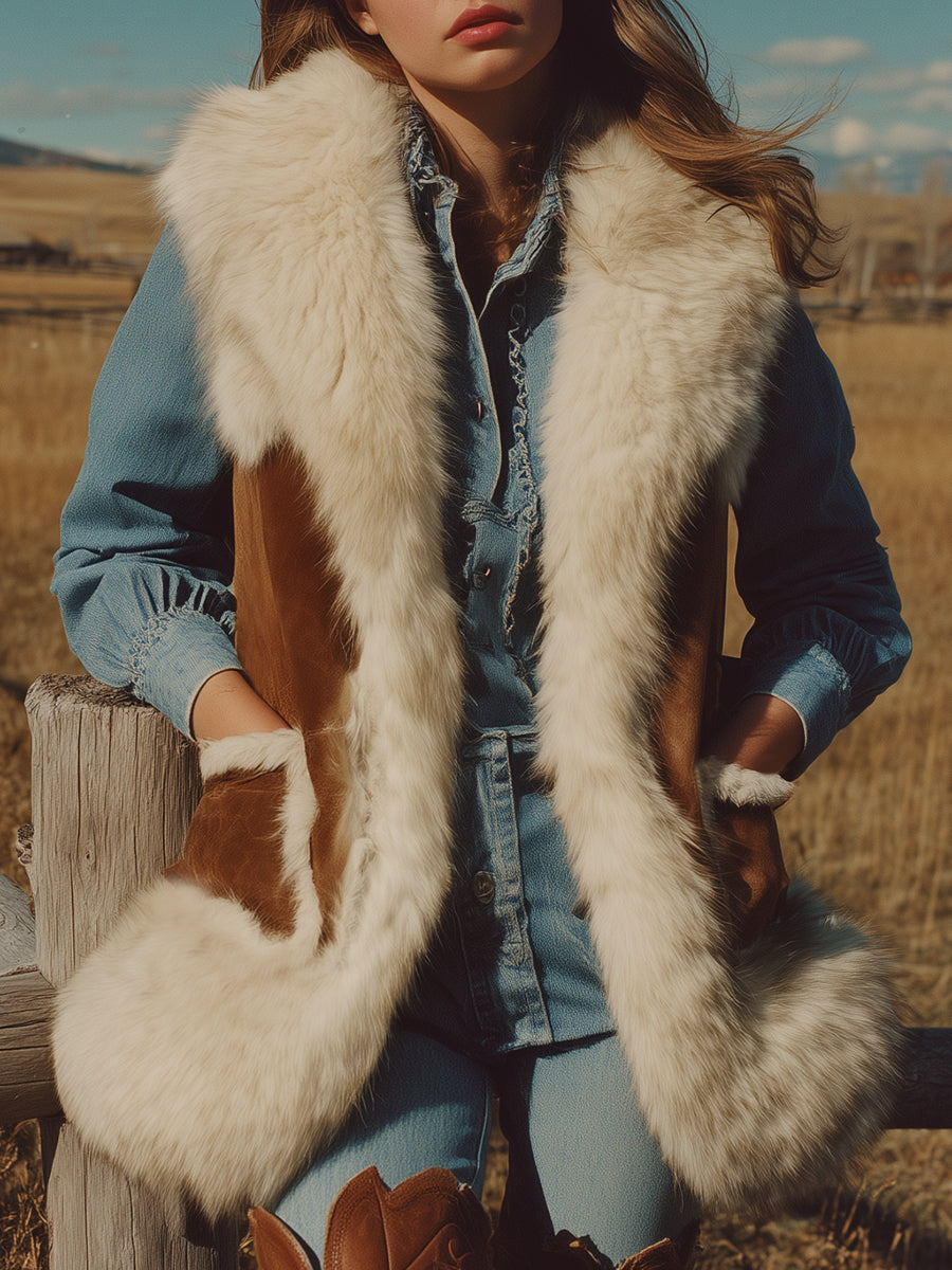 Veste Western en Faux Suède Marron avec Doublure en Fourrure Synthétique