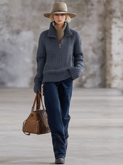 Pull rétro en tricot gris-bleu avec col zippé mi-haut