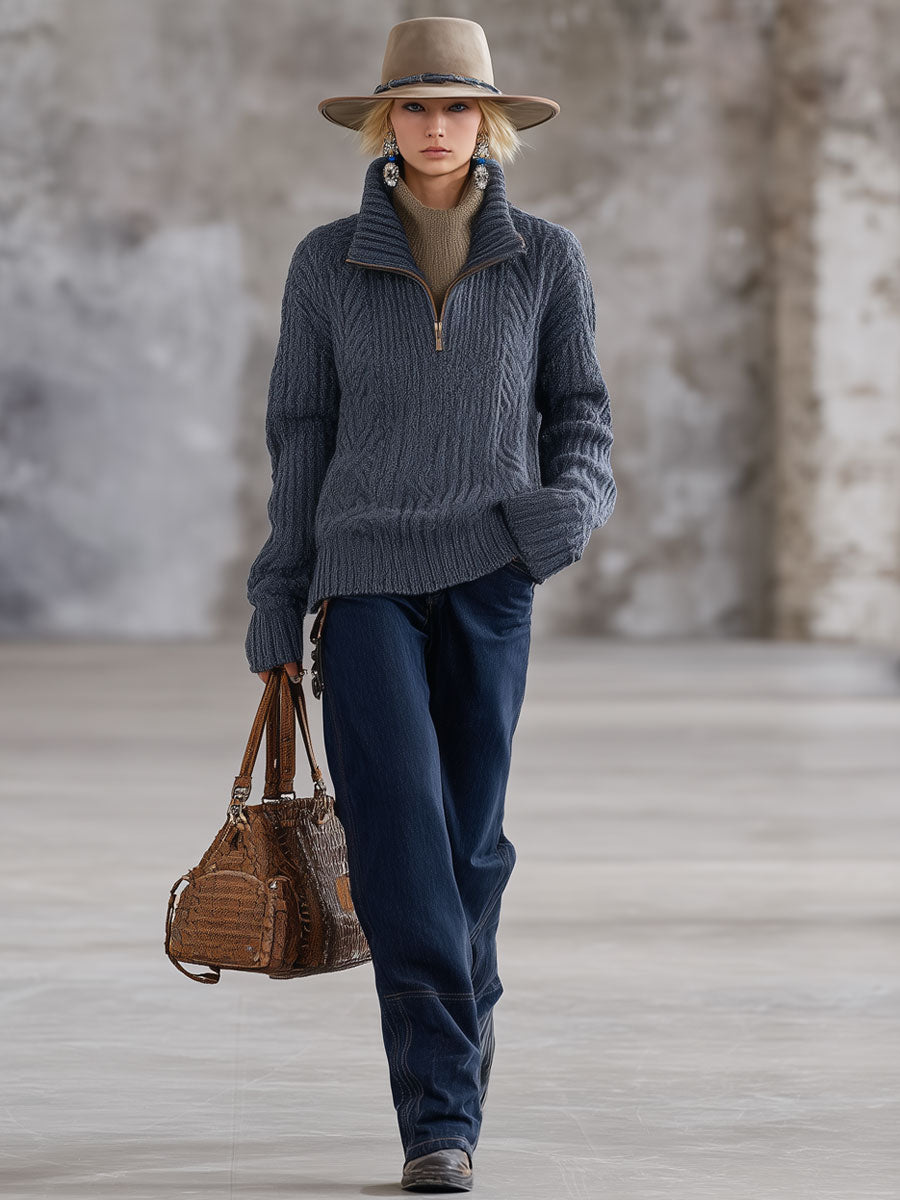 Pull rétro en tricot gris-bleu avec col demi-zip