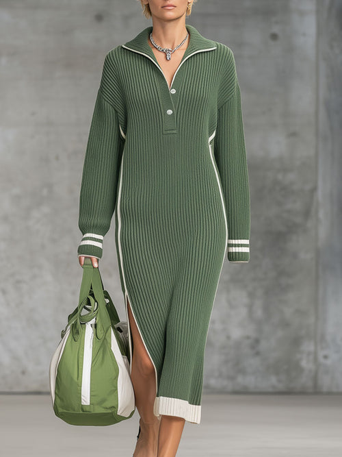 Robe Midi Tricotée Verte avec Fente et Détails Blancs : Élégance Décontractée