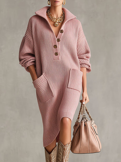 Robe Midi Tricotée à Col Montant Décontracté avec Poches Doubles