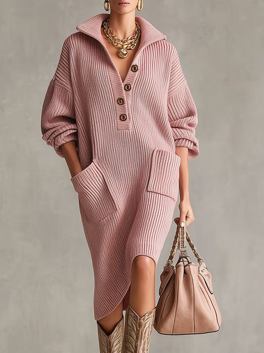Robe Midi Tricotée à Col Montant Décontracté avec Poches Doubles